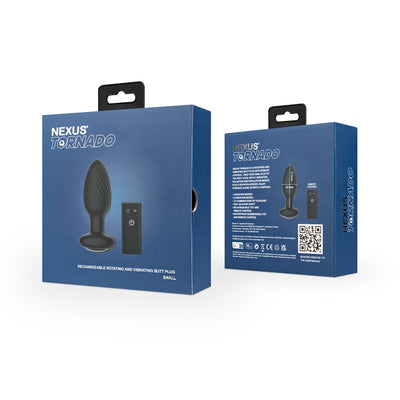 Packaging of Nexus Tornado rechargeable rotating and vibrating butt plug with remote control in blue box shown from front and back angles