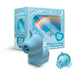 Blue unicorn-shaped vibrator with a twirling tongue feature displayed next to colorful packaging with rainbow design.