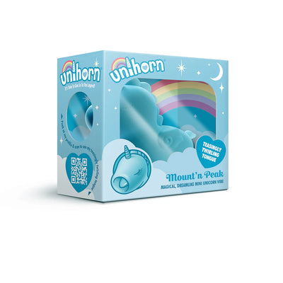 Blue Unihorn Mount'n Peak mini unicorn vibrator in decorative box with rainbow and stars design.