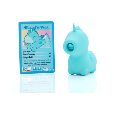 Blue silicone unicorn-shaped flicking tongue vibrator with product info card on white background.