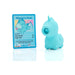 Blue silicone unicorn-shaped flicking tongue vibrator with product info card on white background.