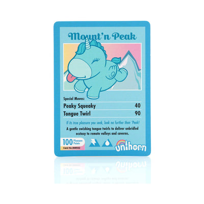Blue Unihorn Mount'n Peak collectible card featuring a playful unicorn character and special move descriptions.