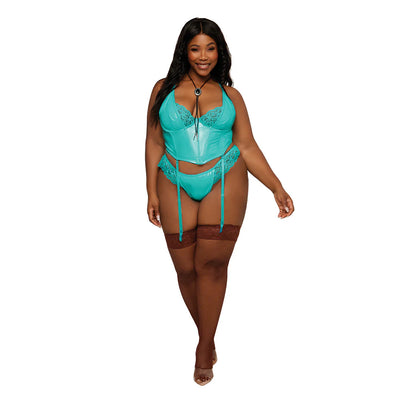 Plus size model wearing Dreamgirl ocean blue pleather bustier with lace trim, matching G-string, and removable garters with brown stockings.