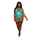 Plus size model wearing Dreamgirl ocean blue pleather bustier with lace trim, matching G-string, and removable garters with brown stockings.