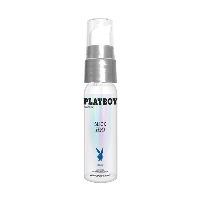 Playboy Slick H2O water-based lubricant in a clear pump bottle with iridescent label and blue bunny logo