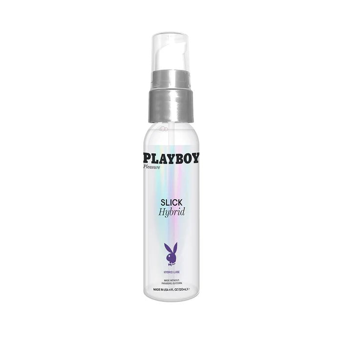 Playboy Slick Hybrid Lubricant in a sleek 4oz clear pump bottle with iridescent label and purple logo.