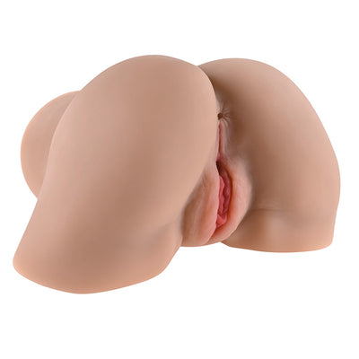 Realistic dual-entry masturbator with soft TPR buttocks and detailed vaginal and anal openings in natural skin tone.