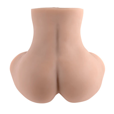 Rear view of a realistic skin-toned dual entry vibrating and sucking masturbator with sculpted buttocks.