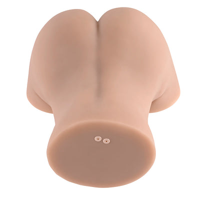 Realistic dual-entry masturbator with sculpted buttocks in flesh tone, shown from the bottom view.