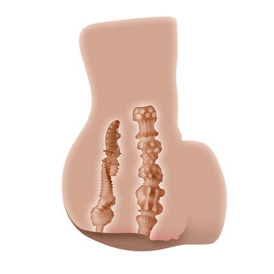 Cross-section view of a dual-entry masturbator showing textured vaginal and anal channels inside a soft, flesh-toned outer shape.