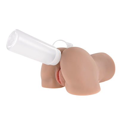 Dual-entry realistic silicone masturbator with remote-controlled vibrating and sucking functions and included lubricant bottle.