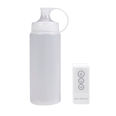 Clear 12oz cleaning bottle with flip-top cap and white remote control with three buttons for Zero Tolerance device.
