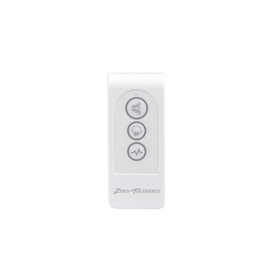 White rectangular remote control with three circular buttons and Zero Tolerance logo at the bottom.
