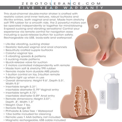 Realistic dual-entry vibrating and sucking masturbator with remote control and cleaning bottle, crafted from soft TPR rubber.