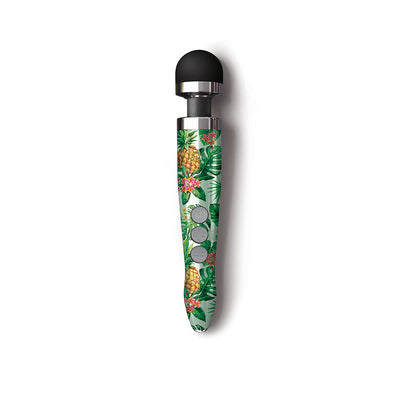 Rechargeable wand massager with pineapple and tropical leaf pattern and black rounded head on white background.