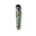 Rechargeable wand massager with pineapple and tropical leaf pattern and black rounded head on white background.