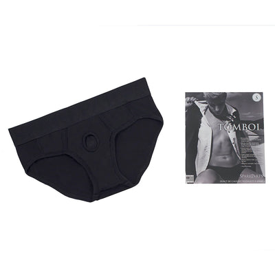 Black Spareparts Tomboi rayon briefs harness with packaging showing a model wearing the product.
