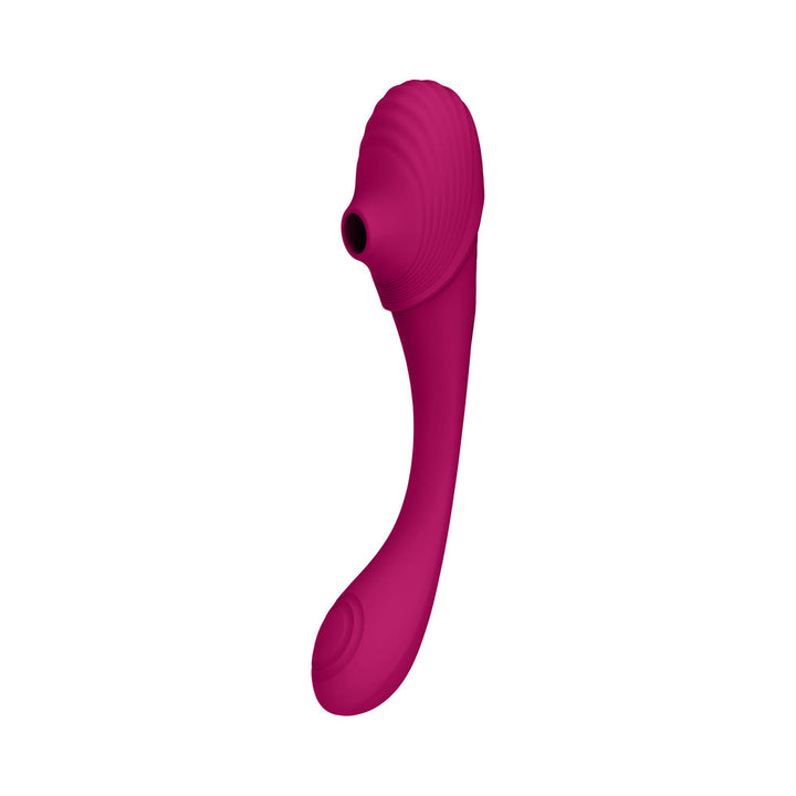 Bendable double-ended magenta silicone vibrator with textured pulse wave and air wave stimulation heads.