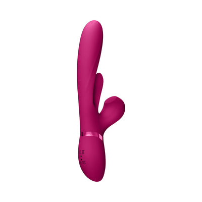 Magenta rechargeable silicone G-spot vibrator with clitoral stimulator and ergonomic design.