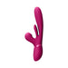 Rechargeable magenta silicone vibrator with curved G-spot shaft, clitoral stimulator, and flapping tongue feature.