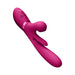 Magenta rechargeable silicone vibrator with ergonomic design, dual stimulation arms, and control buttons on handle.