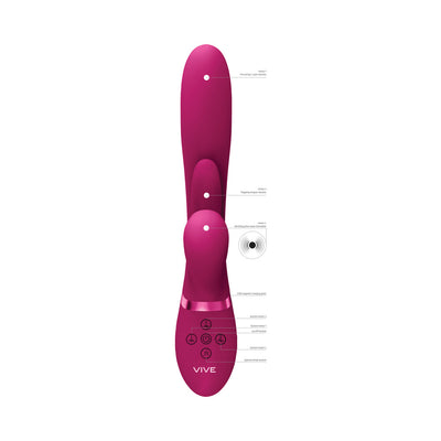 Magenta Vive Kura rechargeable silicone vibrator with labeled motors and control buttons for G-spot, tongue, and pulse wave stimulation.