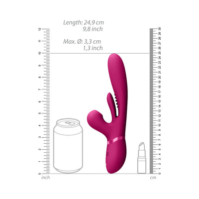 Magenta rechargeable silicone G-spot vibrator with flapping tongue, shown with size comparison to soda can and lipstick.