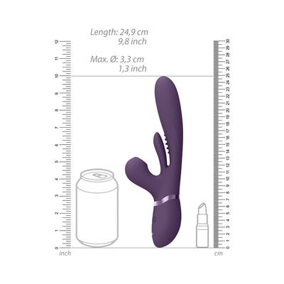 Purple rechargeable silicone G-spot vibrator with flapping tongue, shown with size comparison to a soda can and lipstick.