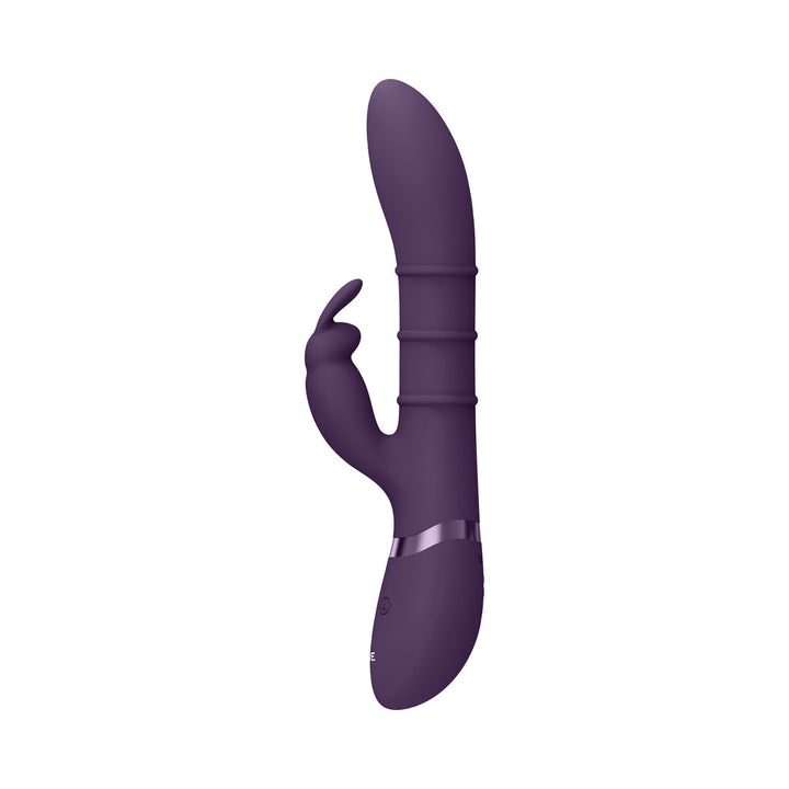 Purple rechargeable silicone G-spot rabbit vibrator with up and down stimulating rings and ergonomic design.