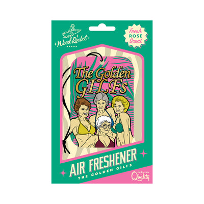 Wood Rocket air freshener with a colorful cartoon design of four older women in swimsuits and fresh rose scent label.