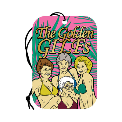 The Golden GILFs parody air freshener with illustrated older women in swimsuits on a pink background with green palm leaves.