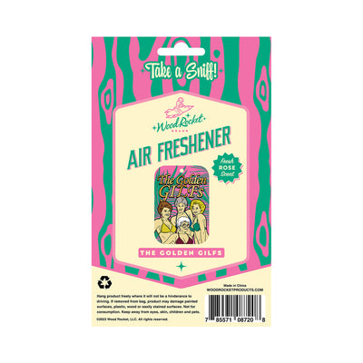 Wood Rocket air freshener packaging with colorful retro design and "The Golden GILFs" Fresh Rose scent cardboard air freshener inside