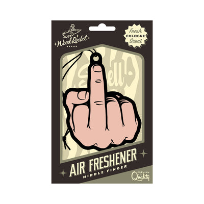 Wood Rocket air freshener with a peach-scented middle finger design in packaging.