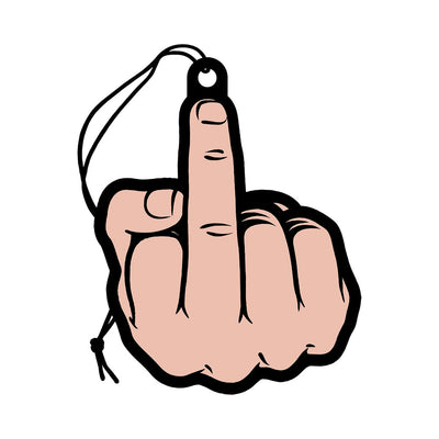 Peach-scented air freshener shaped like a hand showing the middle finger with a hanging string.