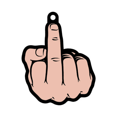 Peach-colored middle finger shaped cardboard air freshener with hanging hole and black outline.