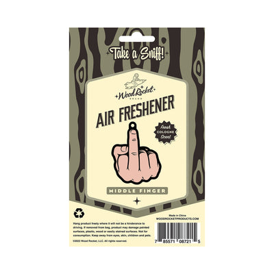 Packaging of Wood Rocket Middle Finger air freshener with peach cologne scent and wood grain background design.