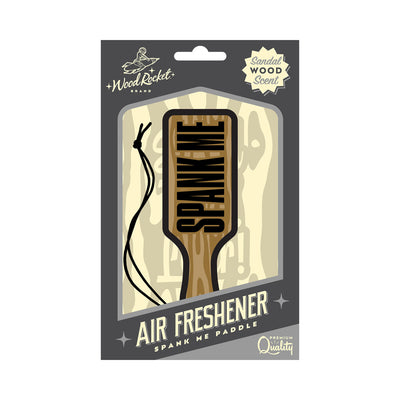 Wood Rocket Spank Me Paddle shaped air freshener with sandalwood scent in gray packaging with hanging string.
