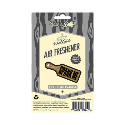 Wood Rocket Spank Me Paddle air freshener packaging with sandalwood scent and wood grain background design.