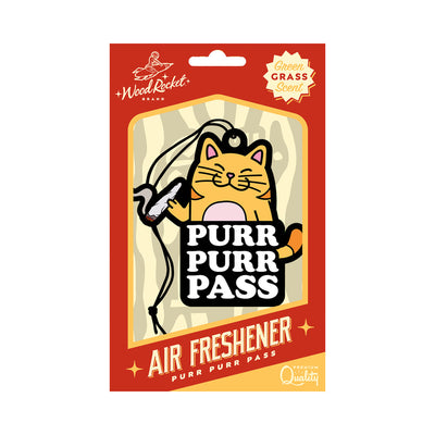 Wood Rocket Purr Purr Pass air freshener with cartoon cat design and green grass scent in red and yellow packaging.