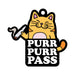 Cartoon orange cat holding a smoking joint with text Purr Purr Pass on a hanging air freshener.