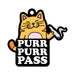 Cartoon orange cat holding a smoking joint with text Purr Purr Pass on a cardboard air freshener.