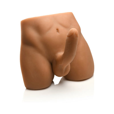 Medium-sized realistic male torso masturbator with posable 7-inch dildo in natural skin tone.