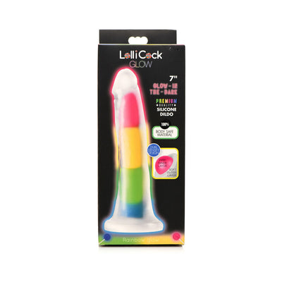 Packaging of Lollicock 7-inch rainbow glow-in-the-dark silicone dildo with dual density design and body-safe material labels.
