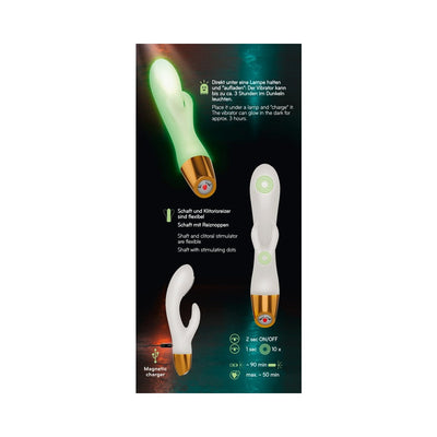 You2toys Glow-in-the-dark G-spot vibrator showing flexible shaft, clitoral stimulator, magnetic USB charger, and glowing feature details.