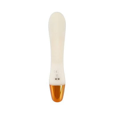 Sleek white silicone vibrator with a curved tip and metallic gold base, designed for versatile intimate use.