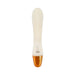 Sleek white silicone vibrator with a curved tip and metallic gold base, designed for versatile intimate use.