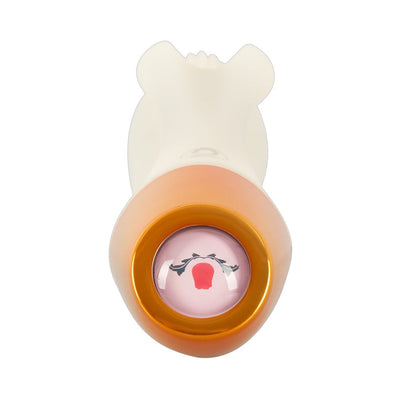 Top view of You2toys Glow-in-the-dark Rabbit Vibrator showing white silicone body and orange base with a decorative pink button.