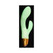 Glow-in-the-dark silicone rabbit vibrator with curved shaft and textured tip, featuring a gold base and dual motors.