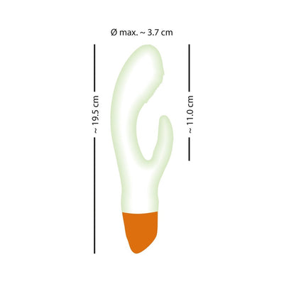 Diagram of You2toys Glow-in-the-dark Rabbit Vibrator with measurements showing 19.5 cm length and 3.7 cm max diameter.
