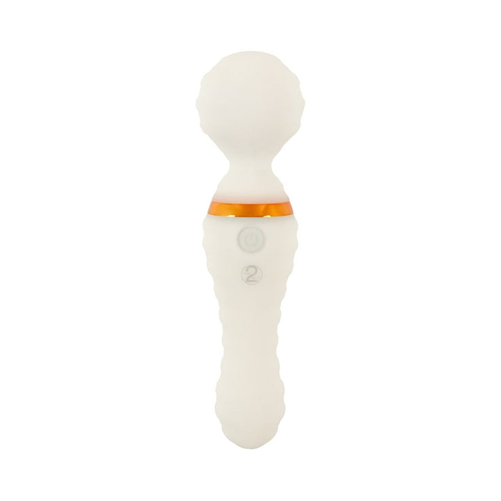 White glow-in-the-dark wand vibrator with textured handle and orange accent ring, featuring two control buttons.